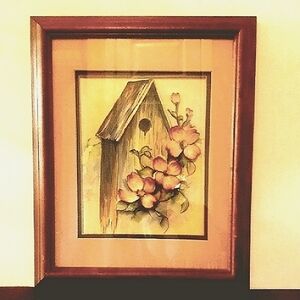 Vtg 3D Framed Matted  Birdhouse and 3D Dogwood Flowers Watercolor Art Print